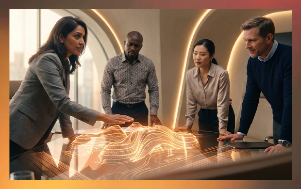Four business professionals gather around a glowing holographic data visualization projected on a conference table 